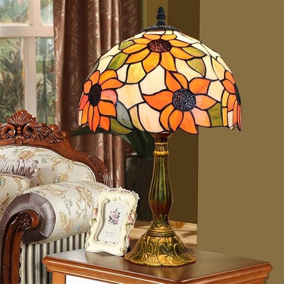 Other - Tiffany Style Lamp Handmade Stained Glass Sunflower Yellow Bedroom 19" High